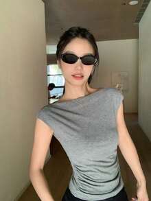 女款素色船領短袖T恤，修身腰線設計針織上衣，夏季款 - 灰色 - 查看 6