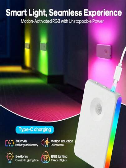 1pc Smart Motion Sensor LED Lighting Lamp - Adjustable Brightness, Color Changing Mood Light For Corridor, Bedroom, Living Room, Storage, Closet, Kitchen, Bathroom Lighting (300 MAh)