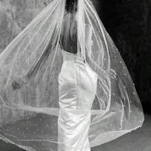 3 metros de largo velo de novia de una sola capa con decoración de perlas falsas, accesorio de novia de catedral con perlas falsas, elegante, para fiesta - Blanco - Ver 7