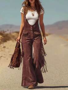 2026 New Retro Western Overalls For Women Suede Tassel Decorated Wide Leg Pants With Pockets Cowgirl Y2K Vintage Denim Jumpsuit Fashion  Fall Outfit - Màu Đỏ Sâu - Xem 3