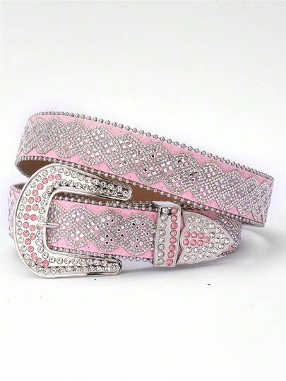 1 chiếc thắt lưng unisex màu trơn đính pha lê, thắt lưng da PU bóng bẩy phong cách punk hip-hop cho quần jeans, váy.