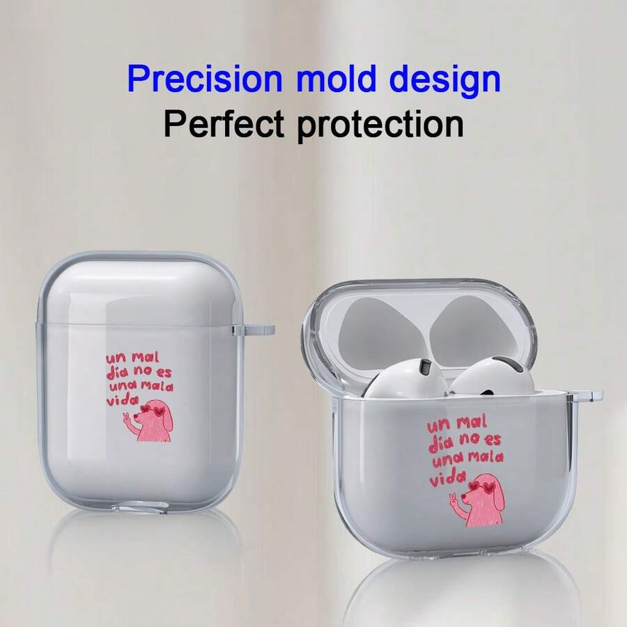 Cute Pink English Letter & Cartoon Dog Pattern Bluetooth Earphone Case, Soft & Protective, Fashionable Design, Suitable As Gift For Valentine's Day, New Moon, Eid, Easter, Made Of TPU Material - Clear - View 1