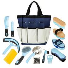 Horse Grooming Kit 14-In-1 Profional Horse Brush Plies Set For Grooming And Care With Horse Brushes Curry Comb Hoof Pick And Waterproof Storage Tote Bag For Shining Detangling Massaging - Blue - View 1