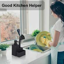 Kitchen Soap Dispenser Set With Sponge Holder And Brush, Suitable For Use On Sink Shelves, For Holding Hand Soap And Dish Soap. - Black - View 3