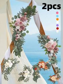 2pcs Luxury Artificial Rose Wreath Decor Set, Suitable For Wedding Arch Decoration, Holiday Party, Indoor & Outdoor Decor, Room Decoration, Sign & Banner Floral Decor - Multicolor - View 12