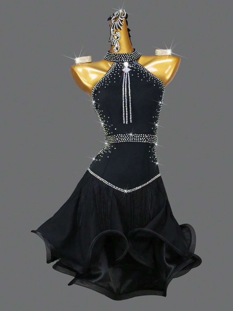 ABC Dancing (Excluding Accessories) Dance Costume For Girls Fringed Skirt Elegant Party Dress Womens Latin Dress Stage Ballroom Sexy Clothing - 黑色 - 查看 1