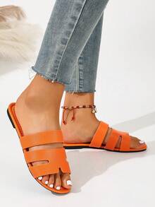 Ximi Ruo Korean Style Casual Flat Slide Sandals, Open Toe, Woven Roman Style, Suitable For Spring, Summer, Beach, Vacation, Dresses, Apartment, Brown Color - Orange - View 2