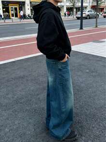 Men's Y2K Solid Color Washed Denim Straight Leg Casual Loose Wide Leg Pants - Dark Wash - View 5