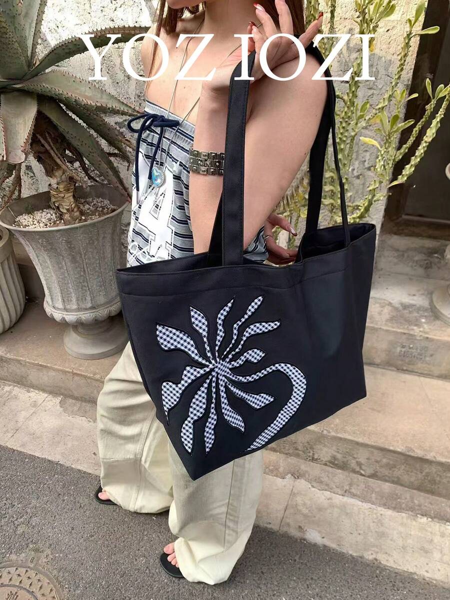 韩日风花卉刺绣帆布单肩包,大容量通勤日常手提包,小众设计手提腋下单肩包 - 黑色 - 查看 1