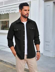 Men's Long-Sleeve Button-Up Shirt Jacket With Flap Pockets - Black - View 3