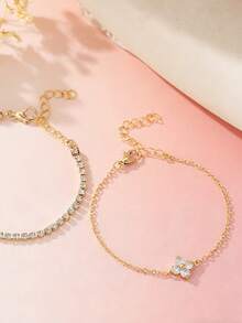 1 件/套简约钻石镶嵌花朵手链套装，精致锆石小众时尚百搭手链配饰 - 手鍊 - 查看 4