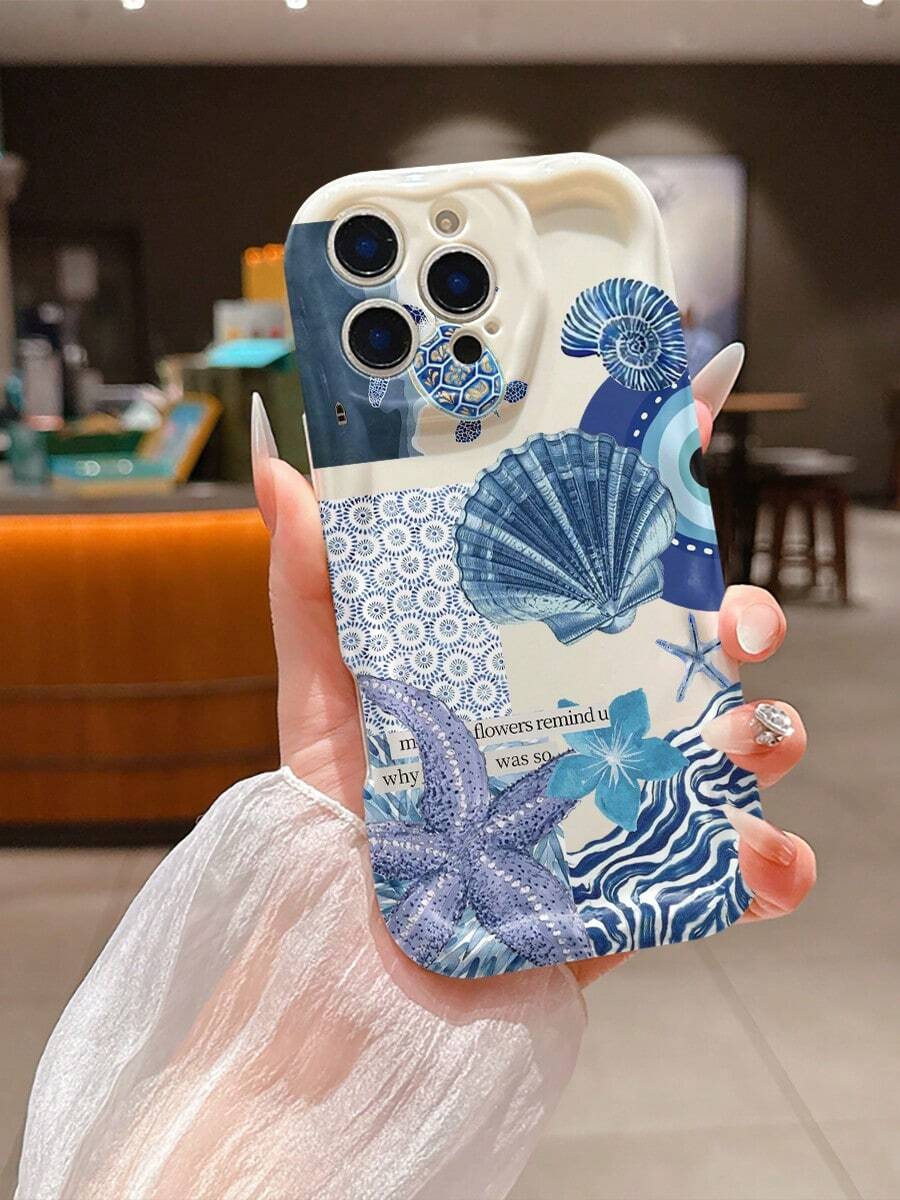1 pezzo Custodia per telefono alla moda e personalizzata con motivi a righe, stelle marine, fiori e tartarughe marine, in materiale TPU ondulato color crema, adatta come regalo per le vacanze, compatibile con Apple XS/XS Max/XR/11/12/13/14/15/15 Pro/16 Pro/16 Pro Max/16 Plus/17 Series e altri modelli - Multicolore - Visualizzare 1