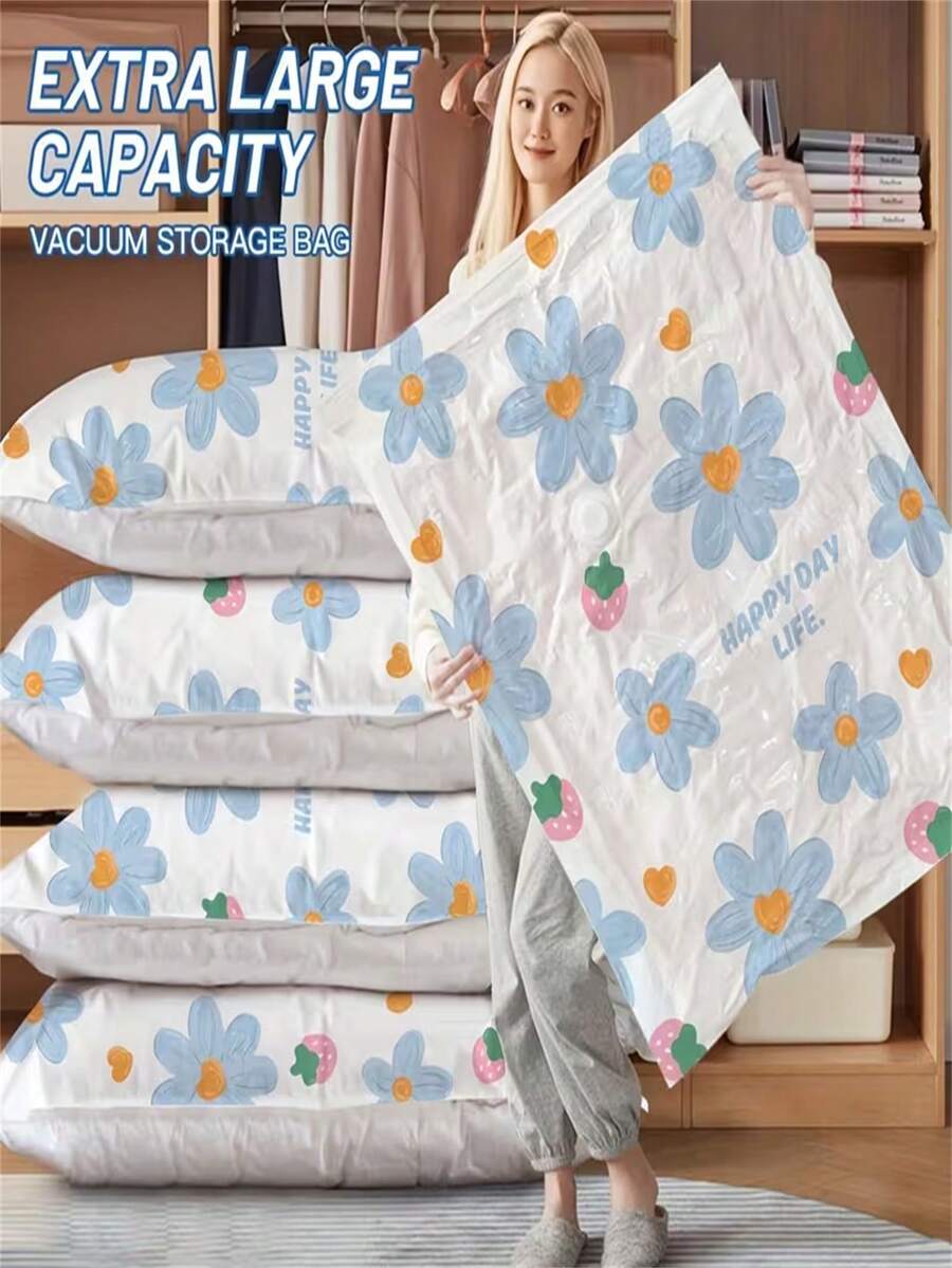 1/2/5pcs Daisy Pattern Vacuum Storage Bags, Space-Saving Storage Bags, Suitable For Bedding, Pillows, Blankets, Bed Linens And Clothing, Airtight Leak-Proof, Saves 80% Space, Practical Large Capacity Home Storage Solution