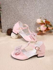 1 đôi sandal công chúa mùa hè mới kiểu Châu Âu và Mỹ cho trẻ em, sandal da mini quai chữ T đính nơ ngọc trai. - Hồng - Xem 3