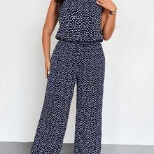Spring Summer Holiday Round Neck Sleeveless Elasticated Waist Ditsy Floral Jumpsuit - Blanco y Negro - Ver 2