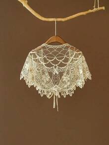 1PC Sheer Lace Flapper Shawl Elegant Vintage Sparkly Beaded Sequin Cape Boho Evening Women's Dress Outerwear Shawl - 黑金色 - 查看 3