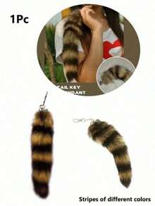 1pc Fluffy Fox Tail Keychain, Furry Raccoon Tail Keyring, Bag Charm, Fashion Party Keychain With Pom Pom, Decorative Tail Keychain, Suitable For Cosplay, Girls Party Gift YKEZ JC0R - Grey - View 6