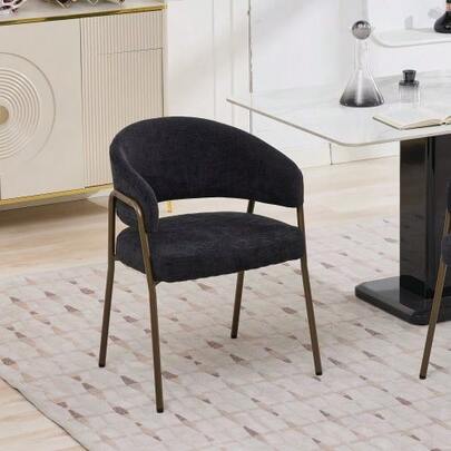 Modern Chenille Dining Chairs With Arms, Upholstered Accent Chairs With Antique Brass Metal Legs For Kitchen & Dining Room, Single Pack, Black, SW1876BK