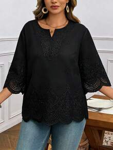 Fashionable Lace V-Neck 3/4 Sleeve Blouse, Spring/Summer New Arrival - Black - View 4