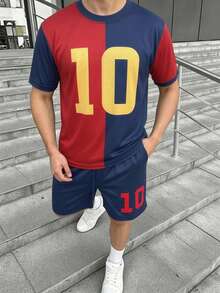 2pcs/Set Teen Boys' Cool Football Style Contrast Color 10 Number Print T-Shirt And Shorts Set - Multicolor - View 5