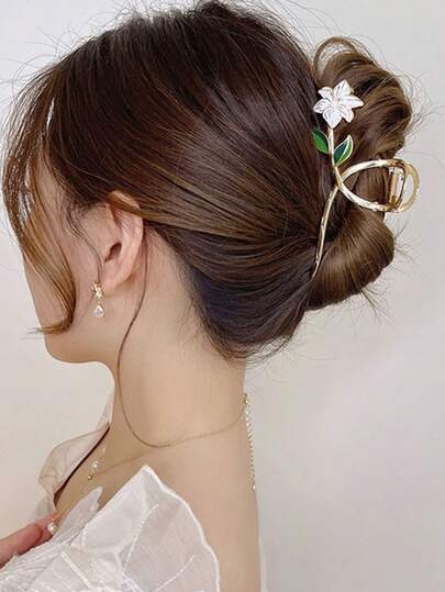 花朵造型发爪郁金香大号发夹，适合90年代复古风，防滑强力金属夹，发夹，适用于各种发质，包括厚发、细发和卷发，波西米亚风，情人节、夏季、上学、大学、秋季、冬季必备发夹，适合度假、海滩等场合，是女士度假的理想选择。