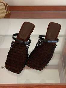 Unique Design Fishnet Wedge Mule Sandals, Women's Summer Closed Toe Hollow Woven High Heel Slip-On Slippers - Black - View 3