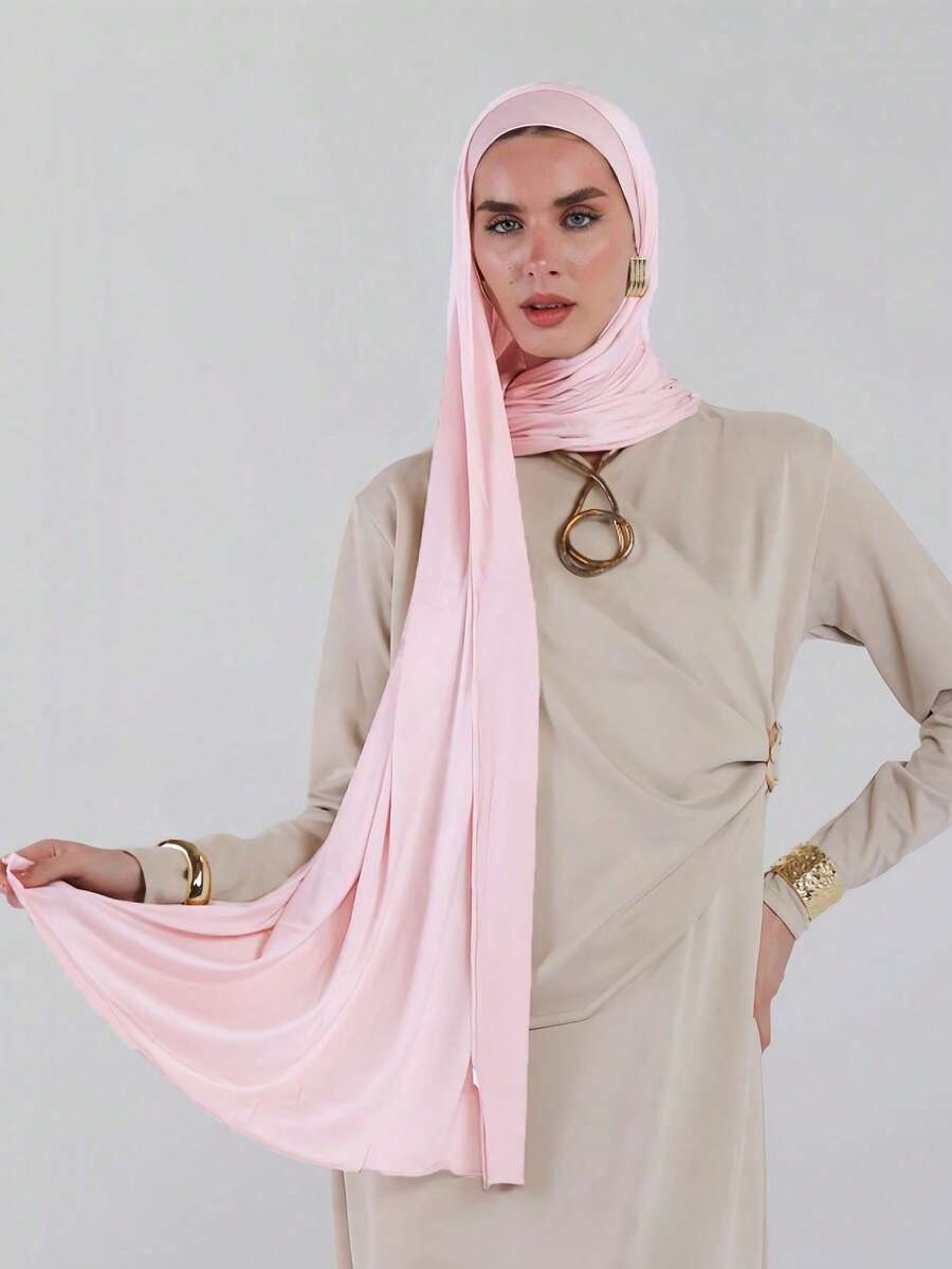 1pc Plus Size Soft Casual Solid Color Knit Muslim Headscarf Scarf For Women,Accsesories,Beach Towel - Baby Powder - View 1