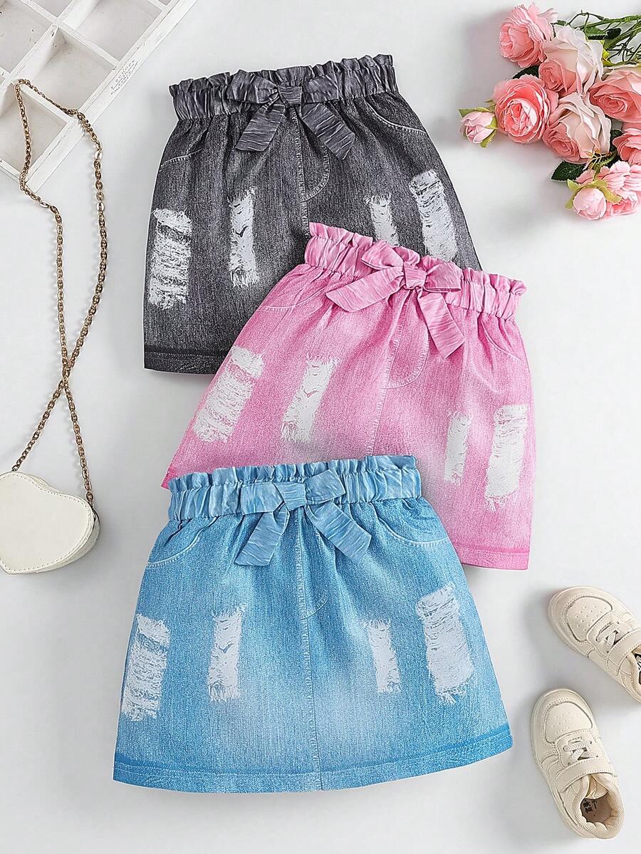 Girls Denim Effect Skirt, Ripped Bow Decor Skirt, Casual Sweet A-Line Skirt For Summer - Multicolor - View 1