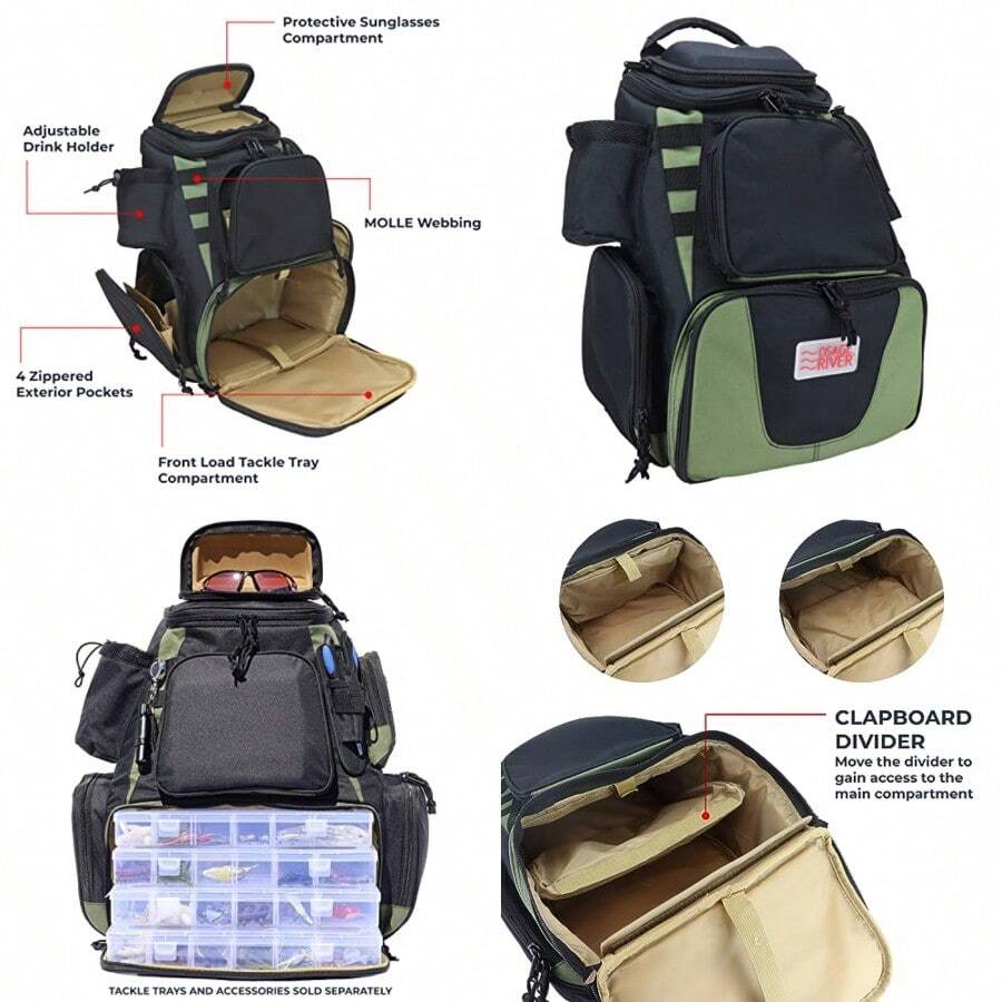 OSAGE RIVER - Mochila de pesca se adapta a 4 cajas grandes correas MOLLE como soporte para caña cubierta impermeable para lluvia incluye alicates y linterna grande - Solo bolsa - Ver 1