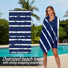 Navy Blue & White Striped Quick-Dry Beach Towel, Retro Style Absorbent Bath Towel, Suitable For Beach Vacation - A - View 3