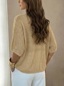 女士新款黄色V领蝙蝠袖纽扣短袖宽松开衫，休闲时尚优雅度假简约休闲沙滩派对节日俱乐部假日生日外出上衣，春夏秋季 - 杏色 - 查看 2