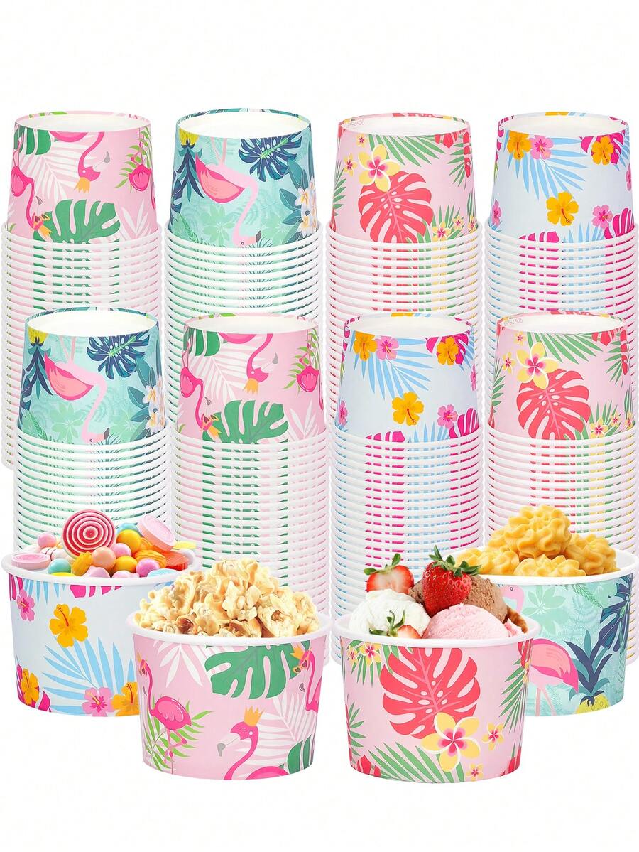 10pcs/20pcs/40pcs/80pcs Tropical Flamingo Ice Cream Paper Cups, 4 Styles Pink, Mint Green, Blue Hawaiian Paper Dessert Cups Suitable For Ice Cream, Sundae, Party Favors, Summer Party And Hawaiian Theme Gathering - Multicolor - View 1