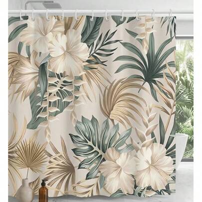 1 rèm tắm bằng polyester chống thấm nước in họa tiết hoa vàng và xanh lá cây, kèm 12 móc treo, phụ kiện và trang trí phòng tắm, trang trí nhà cửa, trang trí mùa thu, phụ kiện phòng tắm, mùa tựu trường.