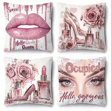 4PCS Pink Lipstick Women's Pillowcase, Single-Sided Printing, Sofa Bed, Car Living Room, Home Decoration, Room Decoration, Without Pillow Core - Multicolor - View 6