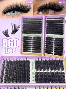 560片装豪华假睫毛套装，浓密纤长，80AD+100AD，10-16毫米，DIY睫毛套装，超浓密，自然逼真，超柔软轻盈，可重复使用，单根仿貂毛睫毛，适合居家、日常、婚礼、约会、派对、音乐节、圣诞节等各种场合。 - 查看 2