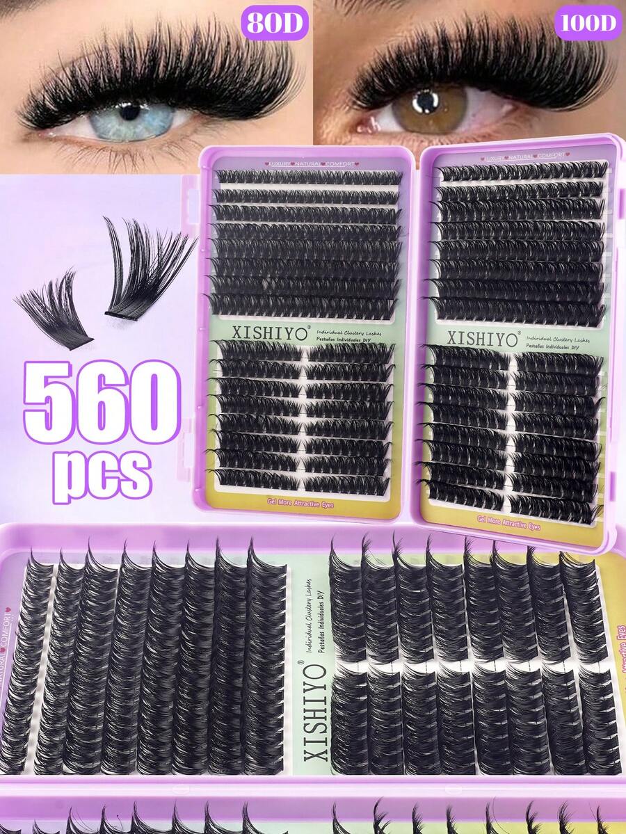 560片装豪华假睫毛套装，浓密纤长，80AD+100AD，10-16毫米，DIY睫毛套装，超浓密，自然逼真，超柔软轻盈，可重复使用，单根仿貂毛睫毛，适合居家、日常、婚礼、约会、派对、音乐节、圣诞节等各种场合。