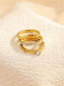 3件套优雅简约18K镀金立方氧化锆不锈钢戒指套装，适合日常佩戴、约会、节日，可叠戴 - 金色 - 查看 10