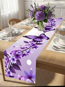 1pc Purple Butterfly & Floral Table Runner, Spring/Summer Flower Printed Dining Table Decor Cloth, Wedding Party Kitchen Dining Room Home Decor, High Quality Polyester Material, Multiple Sizes Available - A - View 6