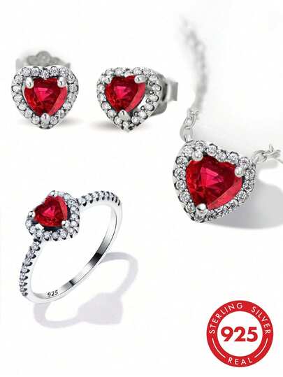 1 Set incluye 1 collar de plata, 1 pieza de aretes de plata y 1 anillo de plata, diseño hipoalergénico con acentos de corazón rojo vibrante y cubic zirconia rojo cuadrado, elegante, romántico y versátil set de joyería, perfecto como regalo del Día de San Valentín