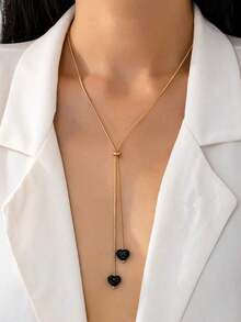 1pc Fashionable Heart Pendant Necklace, Everyday Wear Women, Valentine's Day - 黑色 - 查看 6