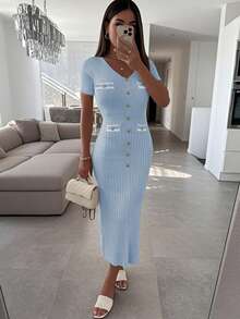 Bộ đồ nữ dáng ôm cổ chữ V phối túi, thiết kế khóa kim loại, kiểu dáng thường ngày, dành cho mùa xuân/hè 2026, bao gồm áo len và váy, phong cách tối giản thanh lịch cao cấp, phù hợp cho cả công sở và cuối tuần. - Màu xanh lam - Xem 2
