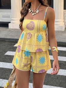 Conjunto de 2 peças com Regata de Alça Fina e Shorts com Estampa Floral Franzida, Conjunto Casual de Praia Elegante, Adequado para Dia dos Namorados, Praia, Passeios com Estampa de Poá - Luz amarela - Visão 4