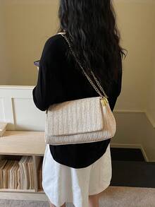 1個女款新款編織鏈條肩帶草編單肩斜背包，夏季海灘包，適合辦公、通勤、購物、度假、旅行、日常穿搭 - 米色 - 查看 4
