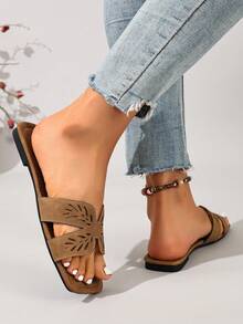 Ximi Ruo New Spring/Summer Fashion Casual Strap Slide Sandals, Comfortable Flat Heel Round Toe Beach Slippers, Holiday Essential - Brown - View 5