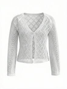 Women's Elegant Hollow Mesh Long Sleeve Beach Cover Up Cardigan Spring White - White - View 8