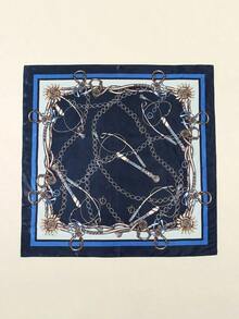 1pc Fashion Ladies' Printed 90s Square Scarf With Chain, Suitable For Daily Wear, Satin Headscarf Bandana Bandana,Hair Band,Head Band Ideal For Dressing Up Your Look XYU2 - 藏蓝色 - 查看 4