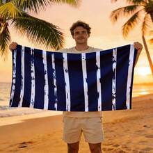 Navy Blue & White Striped Quick-Dry Beach Towel, Retro Style Absorbent Bath Towel, Suitable For Beach Vacation - A - View 9