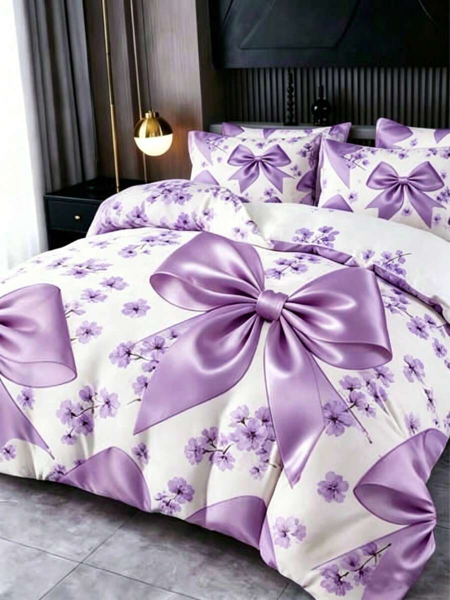 3pcs Elegant Black Bow Bedding Set (1 Duvet Cover + 2 Pillowcases, Pillow Insert Not Included), Luxury Bow Bedding Set, Soft Warm Comfortable Bedroom, Guest Room, Dormitory Decor Bedding Set - Mauve Purple - View 1