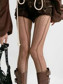 Women's Brown Patterned Leggings, Vintage Vertical Striped Fishnet Tights, Sexy Sheer Stockings - Coffee Brown - View 3