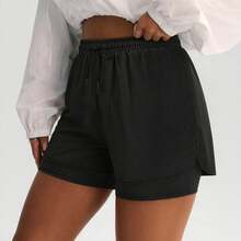 2-in-1 Hochbund Kompressionsshorts, schlankmachend und anhebend, Schlitzdesign Schwarz - Schwarz - Übersicht 12